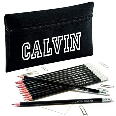 Image of Zip Pencil Case with Name and 12 Embossed HB Eraser Tipped Pencils (Jet Black)