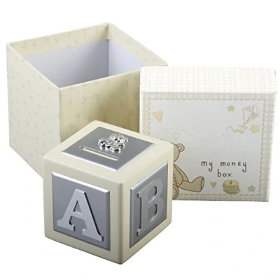 Image of Silver Plated/MDF Money Box. Teddy Bear Icon. Baby Gift, Birth Christening/Naming Gift