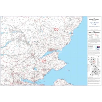 Image of Angus, Tayside and Fife Postcode Sector Wall Map 29 Laminated With Motorway, A&#039; Roads, B&#039; City Plans, Area, District, Sectors