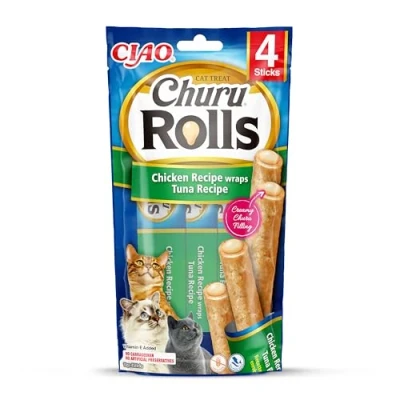 Image of Ciao Churu Rolls by INABA Cat Treat Chicken &amp; Tuna Flavour (4 x 10g) / Crispy Sticks with Creamy Filling Treat, Delicious Healthy Snack, Hand Feeding, Natural, Grain Free