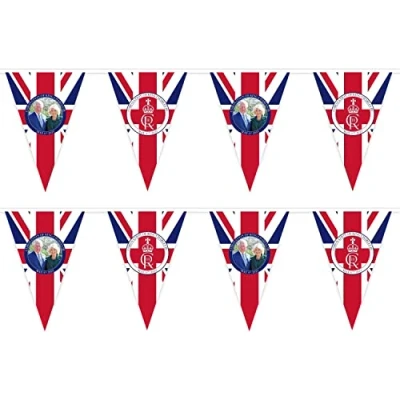 Image of SHATCHI 20m/66ft Bunting Charles III Queen Consort Portrait 48 Triangle Union Jack Flags King&#039;s Coronation Celebration Banner Royal Family UK British Street Party Decoration, 20m
