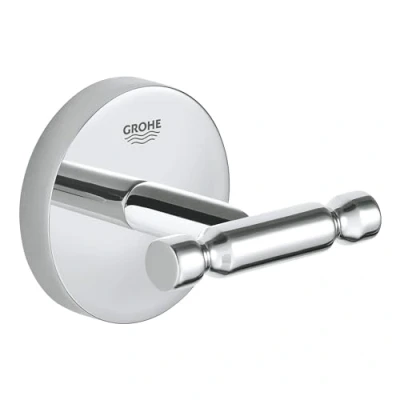 Image of GROHE BauCosmopolitan Double Robe Hook Bathroom Wall Mounted Shower Towel Hanger (Metal, Concealed Fastening, Including Screws and Dowels, Durable Sparkling Sheen), Chrome, 40461001