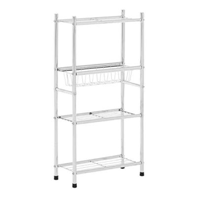 Image of Premier Housewares 4 Tier Shelf Unit, with Basket, Chromed Metal, Silver