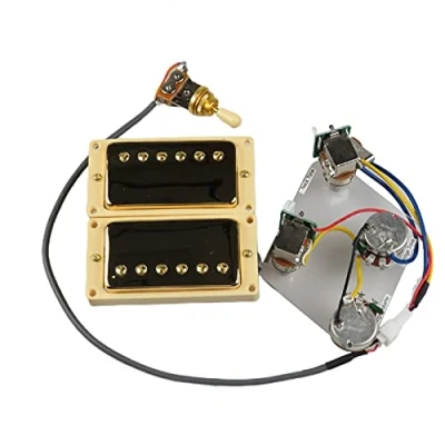 Image of guitar pickups Humbucker Neck And Bridge Pickup 4C Wiring Harness Push pull Single Cut Set For Gibson Epiphone Electric (Color : Goldd Yellow Frame)