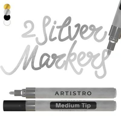 Image of ARTISTRO 2 Silver Acrylic Paint Pens for Rock Ceramic Wood Glass Metal Fabric Plastic 3mm Metallic Markers Ideal Scrapbooking DIY Crafts Art Projects