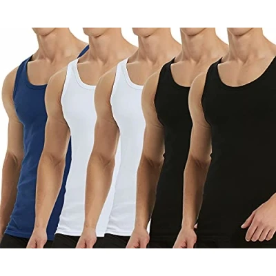 Image of Falechay Mens Vest Tops Muscle 5 Pack 100% Cotton Tank Slim Fit Plain Colored Undershirt Black White Blue 4XL