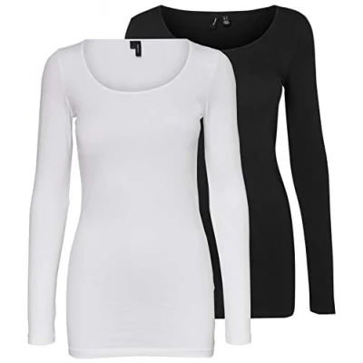 Image of VERO MODA Women&#039;s Long Sleeved Blouse, Pack of 2, White/Black (1 x Bright White / 1 Black), XS