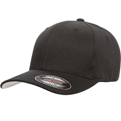 Image of Yupoong Men&#039;s Wool Blend Athletic Baseball Fitted Cap Hat, Black, S/M