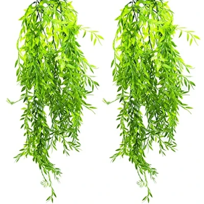 Image of 2 Pack Artificial Hanging Plants, Plastic Fake Ferns Ivy Trailing Vine Basket, Faux Plant with Willow Leaves for Indoor Outdoor, Garden, Bedroom, Wall Decoration