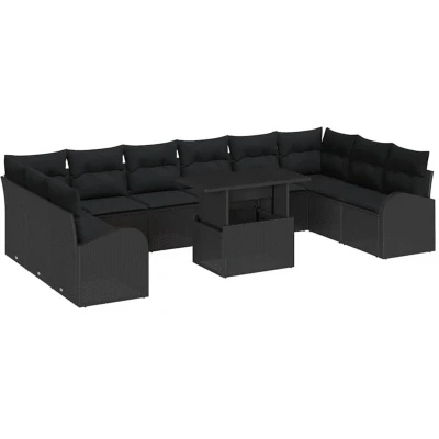Image of vidaXL 11 Piece Garden Sofa Set with Cushions Black Poly Rattan