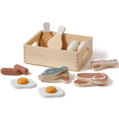 Image of FLEXA Fish &amp; Meat Wooden Kitchen Accessories for Kids 16 Piece Shop with Box CE, FSC Certified