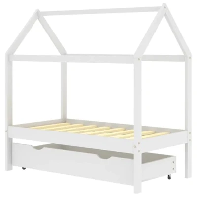 Image of vidaXL Kids&#039; Bed Frame with Drawer, Solid Pine Wood, Tree House Style Design, Scandinavian Inspired Furniture, White, 70x140 cm