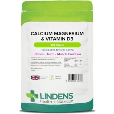 Image of Lindens Calcium Magnesium &amp; Vitamin D 120 Tablets UK Made Contributes to Normal Bone, Teeth, Muscle Immune Function, Reduce Tiredness Fatigue Letterbox Friendly
