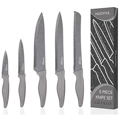 Image of nuovva Professional Kitchen Knife Set 5pcs Grey Knives Stainless Steel Granite Non Stick Blades Chefs, Filleting, Bread, Paring and Utility