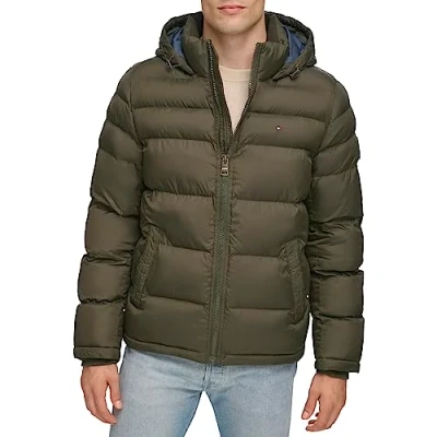 Image of Tommy Hilfiger Men&#039;s Classic Hooded Puffer Jacket Down Alternative Outerwear Coat, Olive, X Large