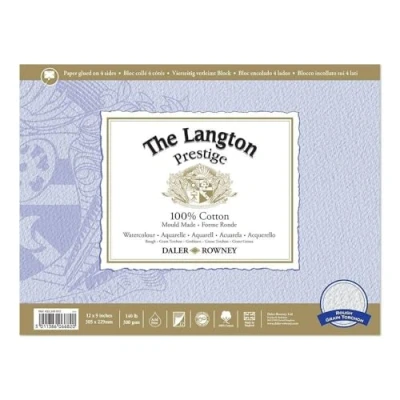 Image of Daler Rowney The Langton Prestige Watercolour Paper, Rough, 300 gsm, 140lb, Pad, Glued 4 Sides, 12 x 9in 30.5 22.9 cm, Natural White, Sheets