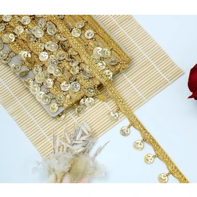 Image of Feathers Creation 2 X Yard Gold Metal Coin Fringe Bridal Saree Tassel Sew on Trim Curtain Edge Lace (Style 3)