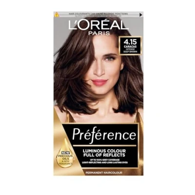 Image of L&#039;Oreal Paris Preference Hair Dye, Long Lasting, Luminous Permanent Colour, 4.15, Caracas (Packaging may vary)