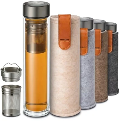 Image of Cosumy Tea Bottle with Strainer to Go 500ml Double Walled Glass Felt Cover Heat Resistant Leak Proof Dishwasher Safe (Beige)