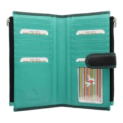 Image of VISCONTI Colorado Collection Ladies Leather Jade Purse RFID Blocking CD23 Black/Aqua