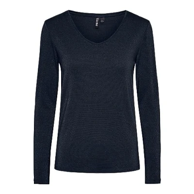 Image of PIECES Women&#039;s Pcbillo Ls V Neck Noos Fc T Shirt, Sky Captain/Stripes: Multi Lurex, M