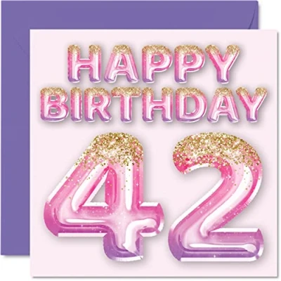 Image of 42nd Birthday Card for Women Pink &amp; Purple Glitter Balloons Happy Cards 42 Year Old Woman Mum Cousin Friend Sister Auntie, 145mm x Forty Two Second Greeting Gift
