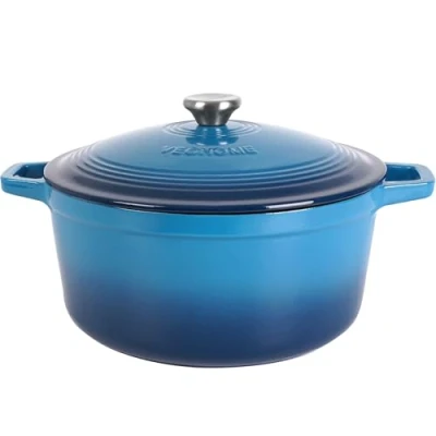 Image of VeoHome Cast Iron Dutch Oven Blue 6L with Lid Thick, Heavy Duty 5.5qt Attractive Gloss Enamel, Even Heat Retention, Self Circulating, for Fry, Roast, Stew, Bread. Feeds 6 7 People
