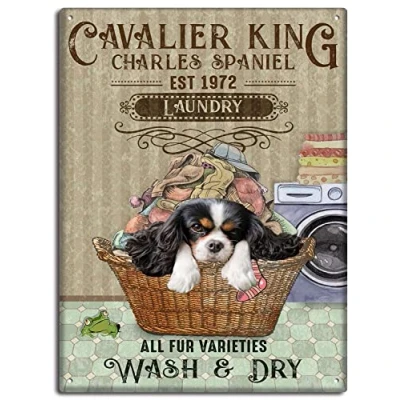 Image of Vintage Metal Sign Cavalier King Charles Spaniel Laundry Tin Retro Aluminum Signs for Kitchen Home Office Bar Cafe Decor 8x12 inch