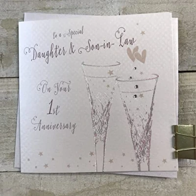 Image of White cotton cards Daughter &amp; Son in Law 1st Paper Wedding Anniversary Flutes