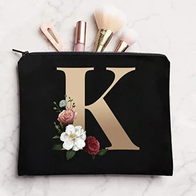 Image of 26 Letter Printed Zip Canvas Pouch Makeup Bag Make Up Bag, Cosmetic Travel Bag,Toiletry Bag,Organizer Bags,Toiletry Bags, Bride Bridesmaid Bag,Pencil Bag,Wash Bag,Coin Purse (Gold K)