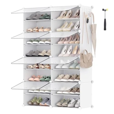 Image of SONGMICS Interlocking Shoe Rack, Plastic Storage Cabinet, 8 Slot Modular Organiser Unit, 30 x 40 cm for Each Slot, with Doors, Steel Frame, Panels, White LPC034W01