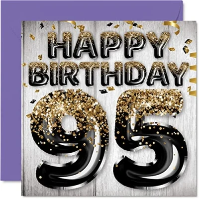 Image of 95th Birthday Card for Men Black &amp; Gold Glitter Balloons Happy Cards 95 Year Old Man Dad Great Grandad Grandpa Gran, 145mm x Ninety Five Fifth Bday Greeting Gift