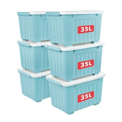 Image of Cetomo 35L*6 Aufbewahrungsboxen mit Deckeln, Kunststoff Aufbewahrungsbox Rollen und Clips, Kunststoffbox für Zuhause Büro, BPA frei, Nestbar, Stapelbar, Blau, 35L 6er Pack