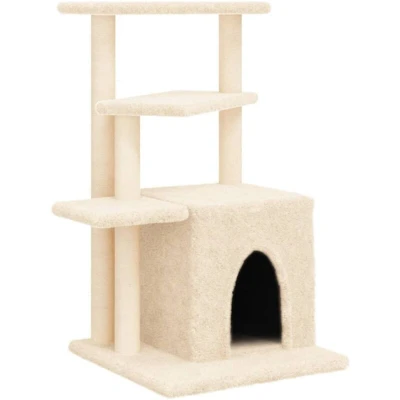 Image of vidaXL Cream Coloured Cat Tree with House, Platforms and Natural Sisal Scratching Posts, Plush Tower Climber for Cats to Rest, Play, Exercise