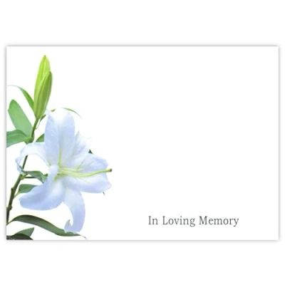 Image of celloexpress In Loving Memory (White Lily) Flower Message Cards 90mm x 125mm Bereavement Florist Card Sympathy Condolences Notes (Pack of 6)
