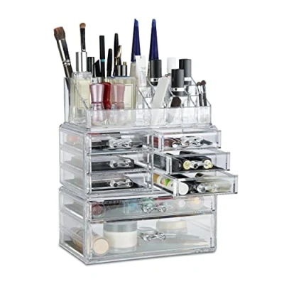 Image of Relaxdays Organizer with Drawers, Stacking Makeup and Jewellery Box, Acrylic Cosmetic Kit, Transparent, 14 x 24 30 cm