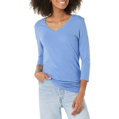 Image of Amazon Essentials Women&#039;s Classic Fit 3/4 Sleeve V Neck T Shirt (Available in Plus Size), Blue, XS