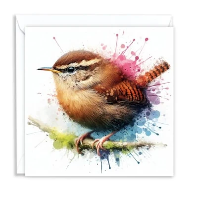 Image of British Wren Wild Birds Watercolour Splash Effect Artistic Blank Greeting Card
