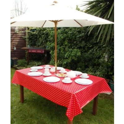 Image of 55x78&quot; (1.4x2.0M) OBLONG PVC/VINYL TABLECLOTH RED POLKA DOT WITH PARASOL HOLE