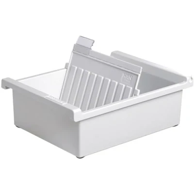 Image of HAN 966 0 11, Card index tray A6 landscape. Innovative, attractive design holds 800 cards, supplied with 1 support plate clear tab, light grey