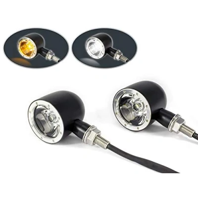 Image of Alchemy Parts Motorcycle Front LED Indicators Turn Signals and daytime Running Lights DRL Integrated Black Chrome CNC Billet Aluminium for Custom Chopper Bobber Street Motorbikes