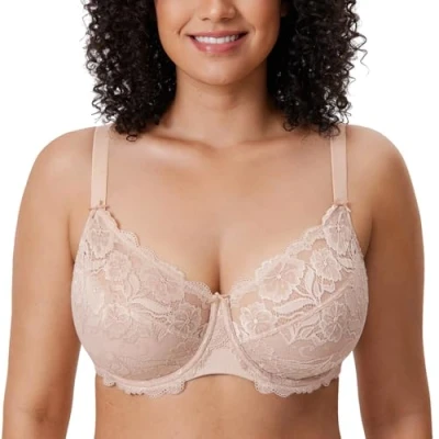 Image of Delimira Women&#039;s Full Coverage Non Foam Floral Lace Plus Size Underwired Bra Beige 34H