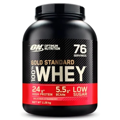 Image of Optimum Nutrition Gold Standard Whey Muscle Building and Recovery Protein Powder With Naturally Occurring Glutamine Amino Acids, Delicious Strawberry, 76 Servings, 2.28kg, packaging may vary