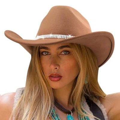 Image of DRESHOW Cowboy Hat Women Western Felt Roll Up Cowgirl Classic Bling Diamond Band Decoration Rodeo Fedora