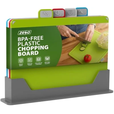 Image of ZENO Plastic Chopping Board Set of 4 Coloured Boards with Stand Non Slip Cutting Thick for Kitchen Cooking Equipment Food Icons Dishwasher Safe BPA Free