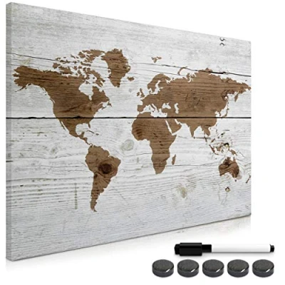 Image of Navaris Magnetic Memo Board Whiteboard 90 x 60 cm Dry Erase White with Design for Wall Includes Marker and Magnets World Map