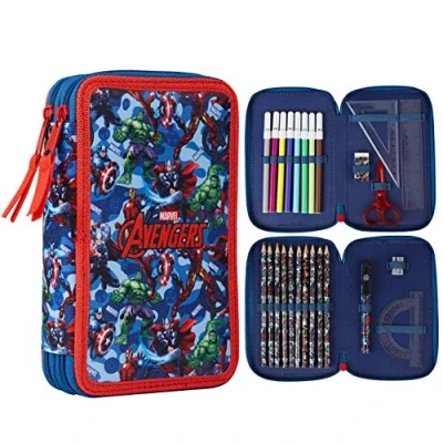 Image of Marvel Pencil Case with Stationery Included School Supplies Filled Large Multiple Compartments Colouring Pencils Pens Boys Set Gifts for (Avengers Blue/Red)