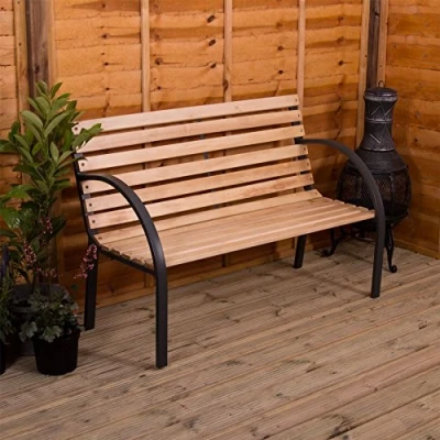 Image of Garden Vida Slatted Bench Wooden Seater Outdoor Furniture Seating Wood Slats Steel Legs Park Patio Seat