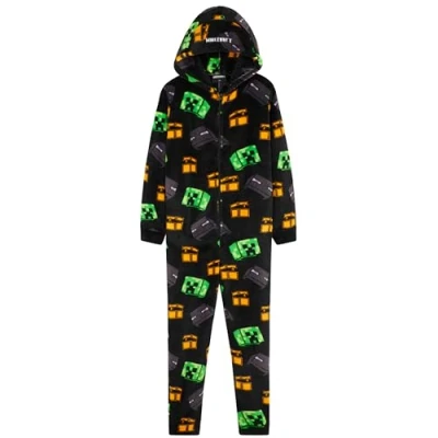 Image of Minecraft Boys Fleece Onesie, Hooded Onesie Pyjamas Gifts for Gamers (Black/Multi, 11/12 Years)
