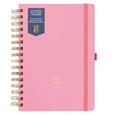 Image of Busy B A5 Diary Mid Year 17 Month Life Planner Aug &#039;25 Dec &#039;26 Pink Journal Week to View Academic with Dual Schedules, Tear off lists, Pen Loop, Storage Pocket &amp; Elastic Closure